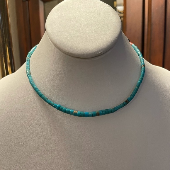 Vintage Jewelry - Navajo Heishi natural turquoise bead sterling silver choker necklace